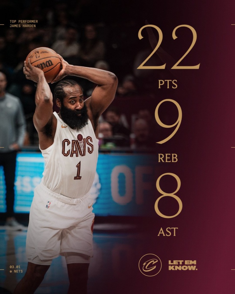 22分9板8助！骑士官方晒哈登数据海报：大胡子复出奉献了经典表演