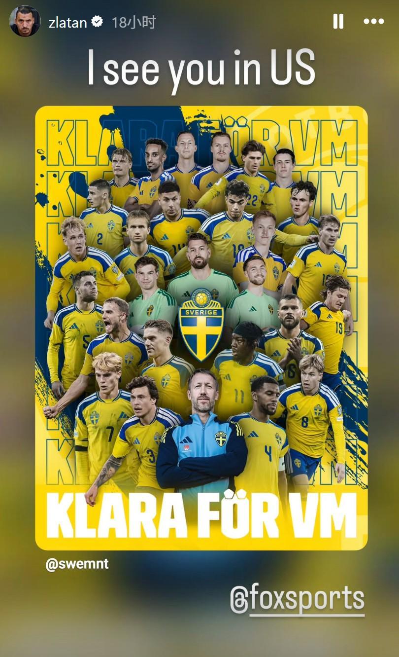 开云-来自前辈的认可，伊布祝贺瑞典进军世界杯：伙计们，美国见